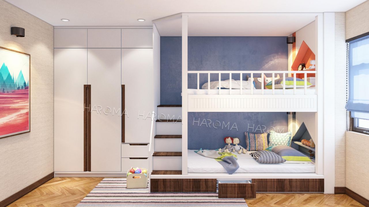 Thiết kế phòng đồ chơi trẻ em tinh tế với tấm ốp than tre vân đá trắng sứ